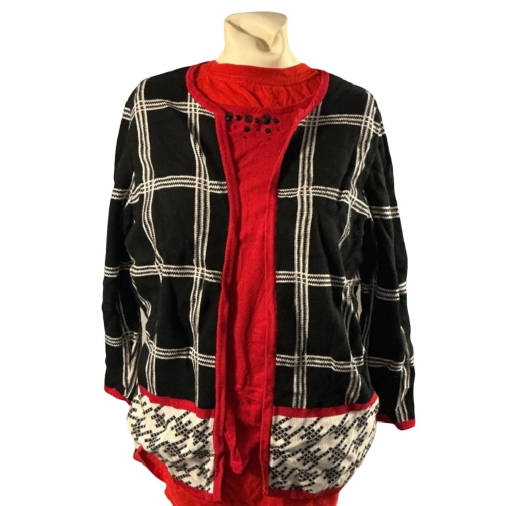 Women’s Black & White Windowpane Cardigan with Red Trim with pants set